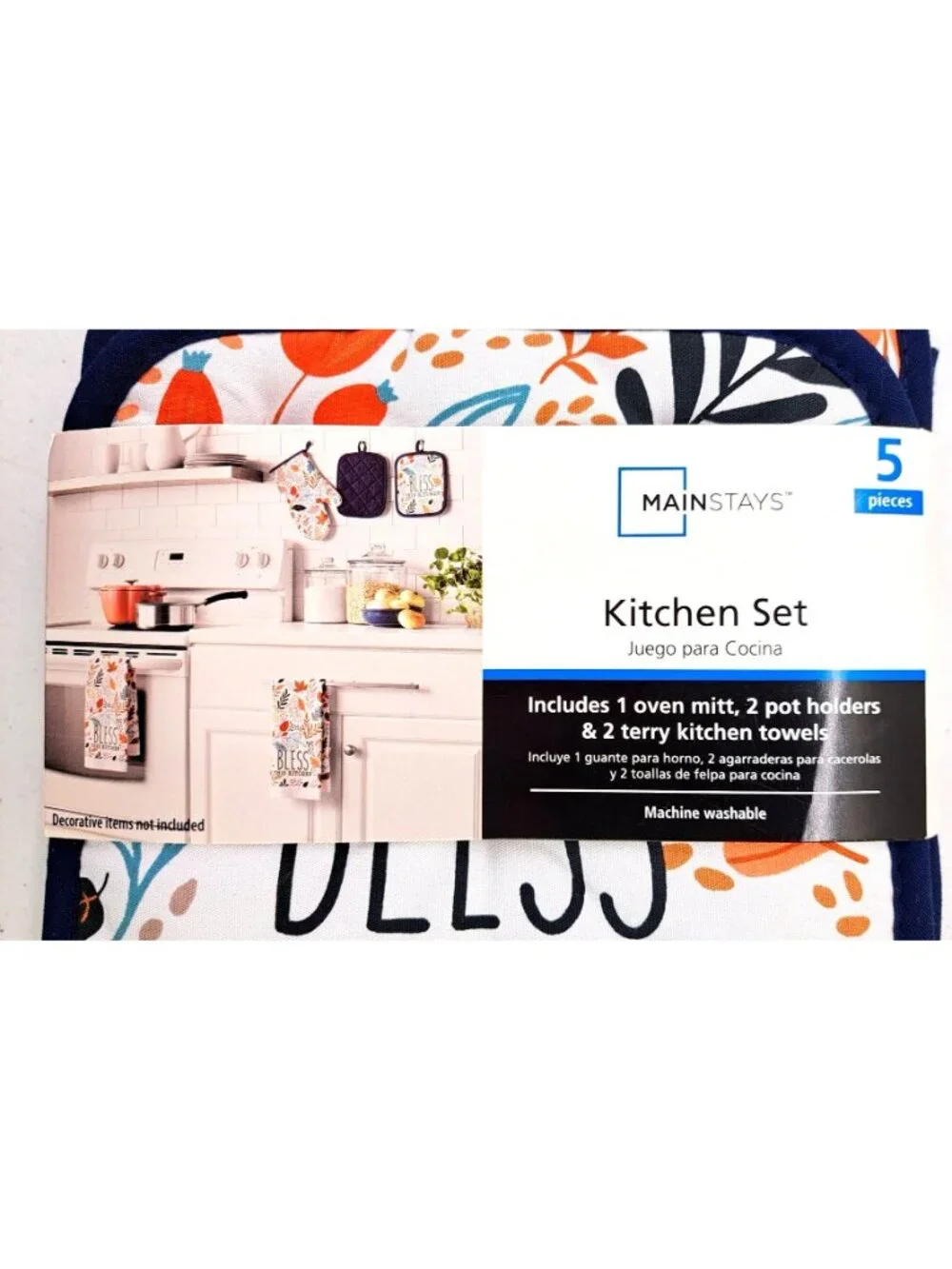 Mainstays 5-Piece Kitchen Set Oven Mitt Pot Holder Towels Bless This Kitchen New